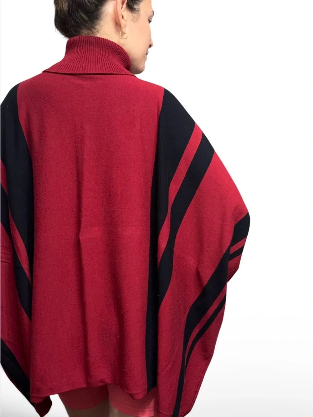 Woman’s Red and Black Turtleneck Poncho Sweater